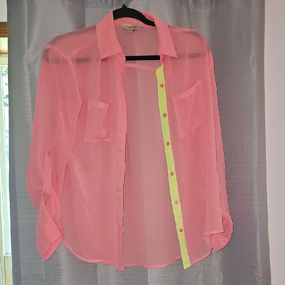Decree Pink Sheer Blouse with Neon Yellow Detail